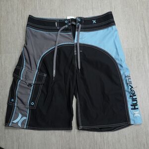Y2K Hurley Board Shorts Surf Swim Black Light Blue Men 32x10 Cargo Pocket